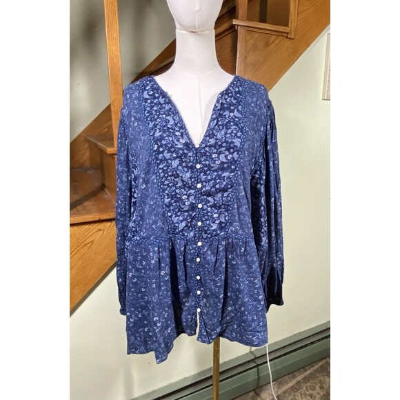 Old Navy Women's Plus Size 4X Blue Mixed Print Long Sleeve Peasant Top Bohemian - Picture 1 of 14